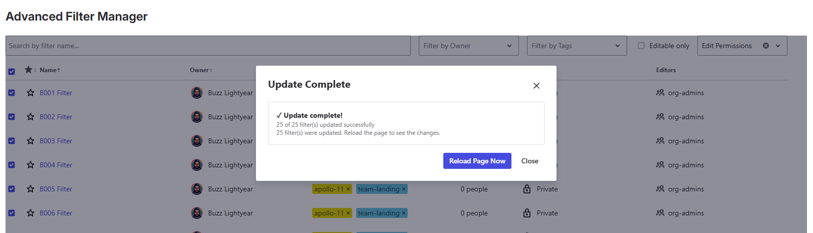 Bulk operation completed after changing filter ownership