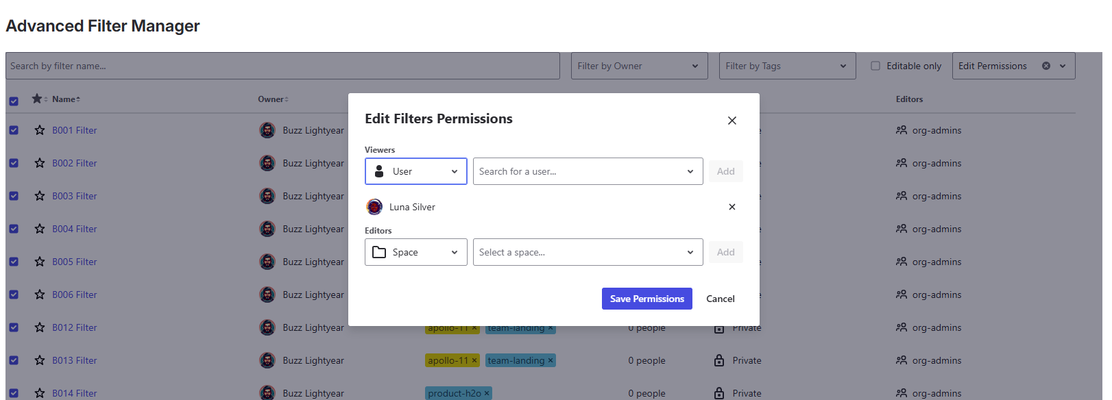 Bulk permissions modal to configure sharing with Groups, Roles, or Users