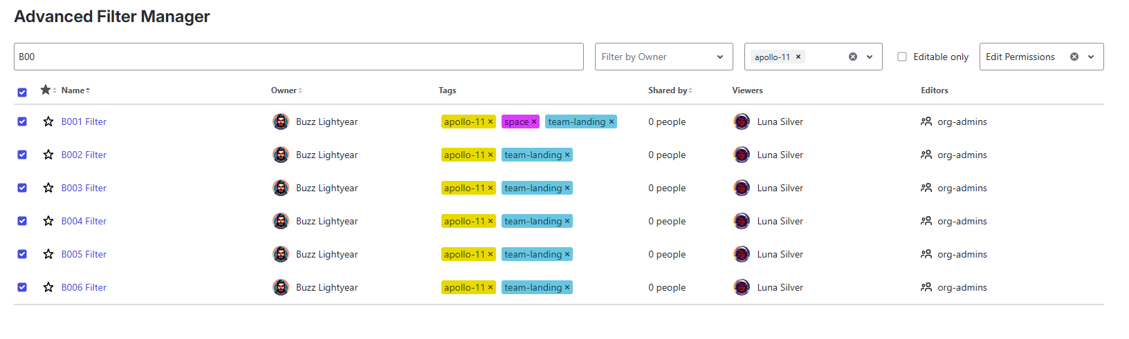 Main dashboard showing the filter list, search bar, and tags
