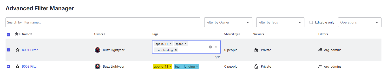 Inline tag input field for editing filter tags