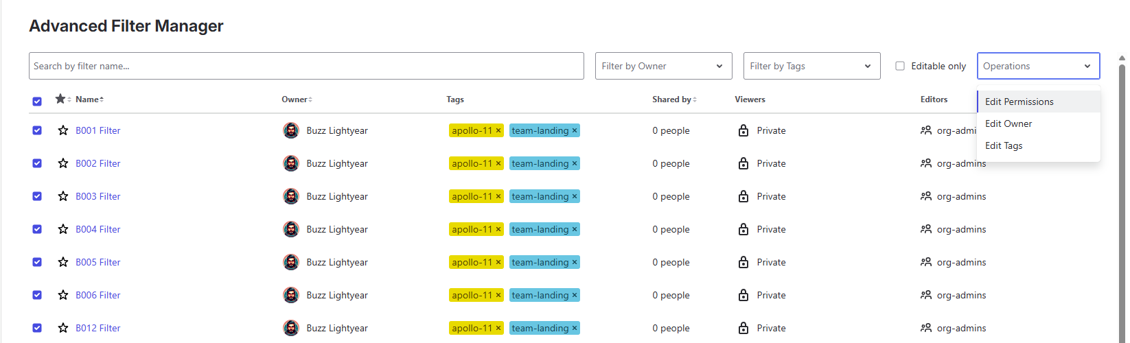 Filters selected via checkboxes with bulk actions menu open